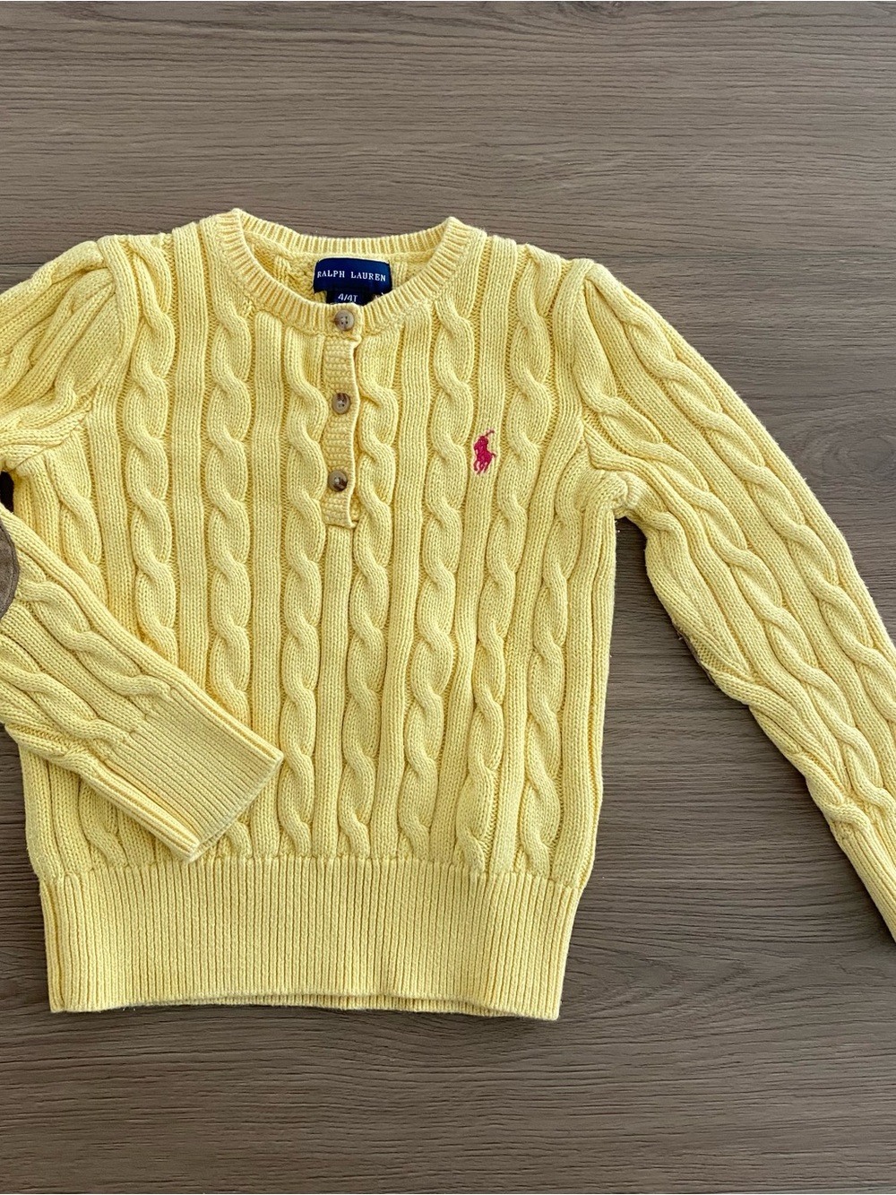 Ralph Lauren Yellow Cable-Knit Sweater with Brown Elbow Patches Girl’s Size 4T